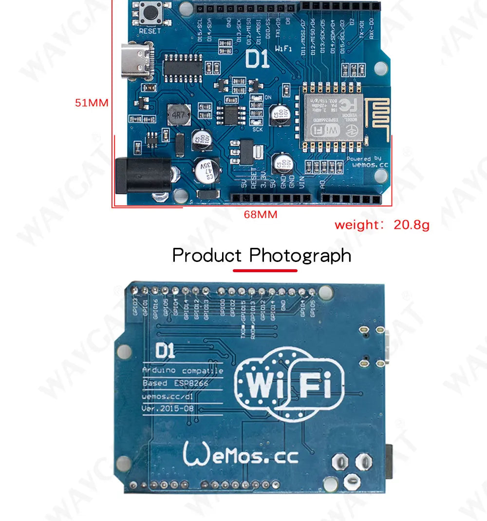 WeMos D1 UNOR3 CH340 ESP-12E CH340G WiFi Development Board Based ESP8266 Shield Smart Electronic PCB For Arduino Compatible IDE