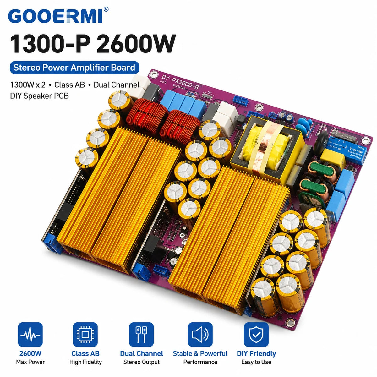 GOOERMI 1300-P 2600W Stereo Power Amplifier Board 1300W X 2 Class AB Audio AMP Module Dual Channel DIY Speaker PCB
