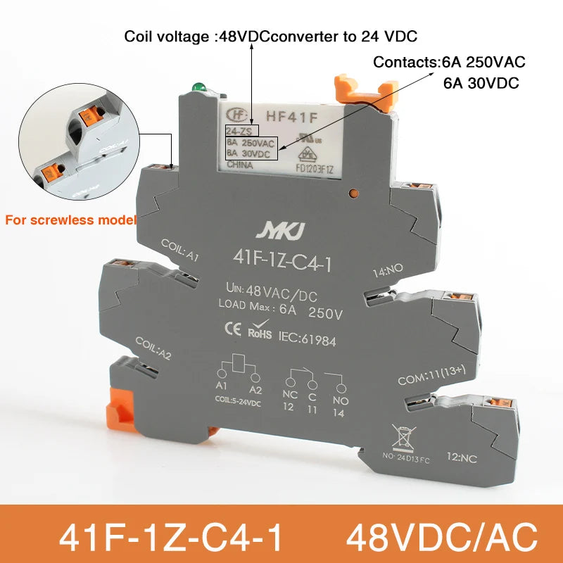 Din Rail Slim Relay Module 41F-1Z-C4-1 Integrated PCB Mount Power Relay With Relay Holder  Relay Socket 6.2mm
