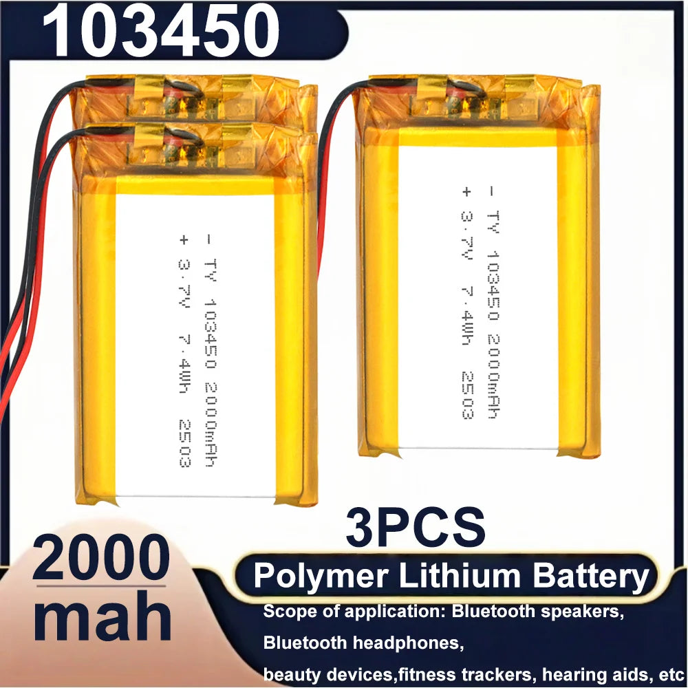 103450 3.7V 2000mAh Polymer Lithium Rechargeable Battery JST PH 2.0mm 2Pin Plug for Camera GPS Navigator MP5 Bluetooth Headset