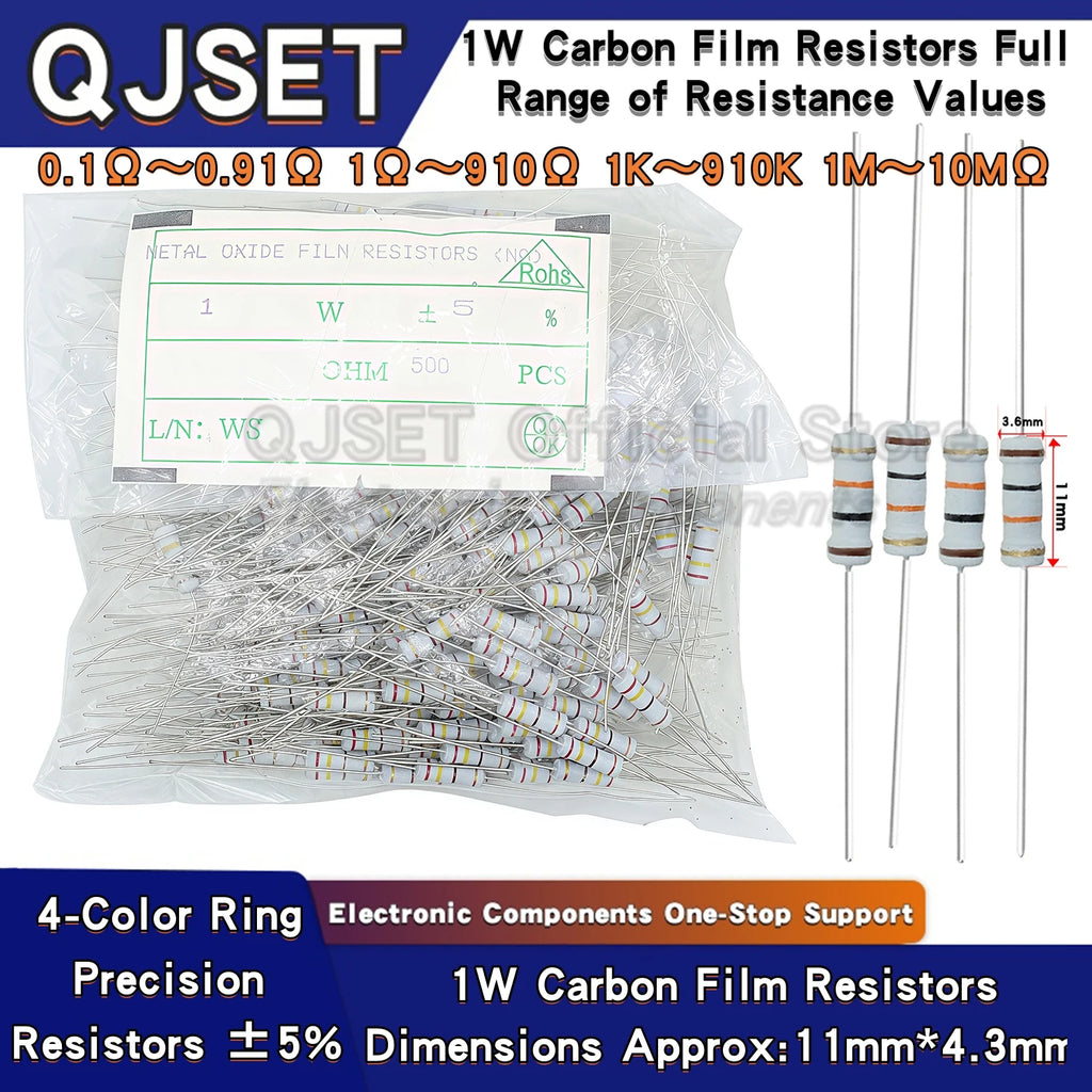 500pcs 1W Carbon Film Resistors 5% 10 Ohm 33 47 100 200 220 470 510 Ohm 1K 4.7K 10K 22K 33K 47K 100k 200k 220k 510k 470k 1M Ohms
