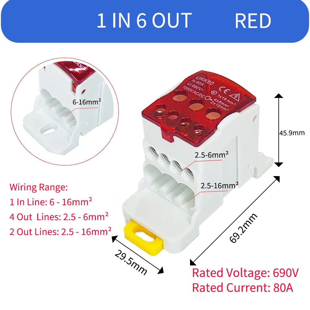 UKK80A Single Pole Power Splitter Box Large Current One In Multi Out DIN Rail Branch Line Distribution Terminal Block UKK80A