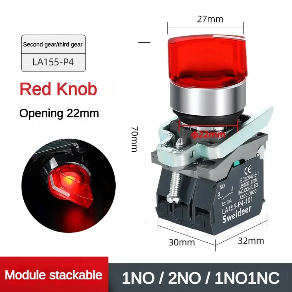 XB4 Knob Switch with Light 22mm 2/3Position Self Locking 1NO/2NO/1NO1NC Select Rotary Switch with LED 12V 24V 220V 10A Red Green