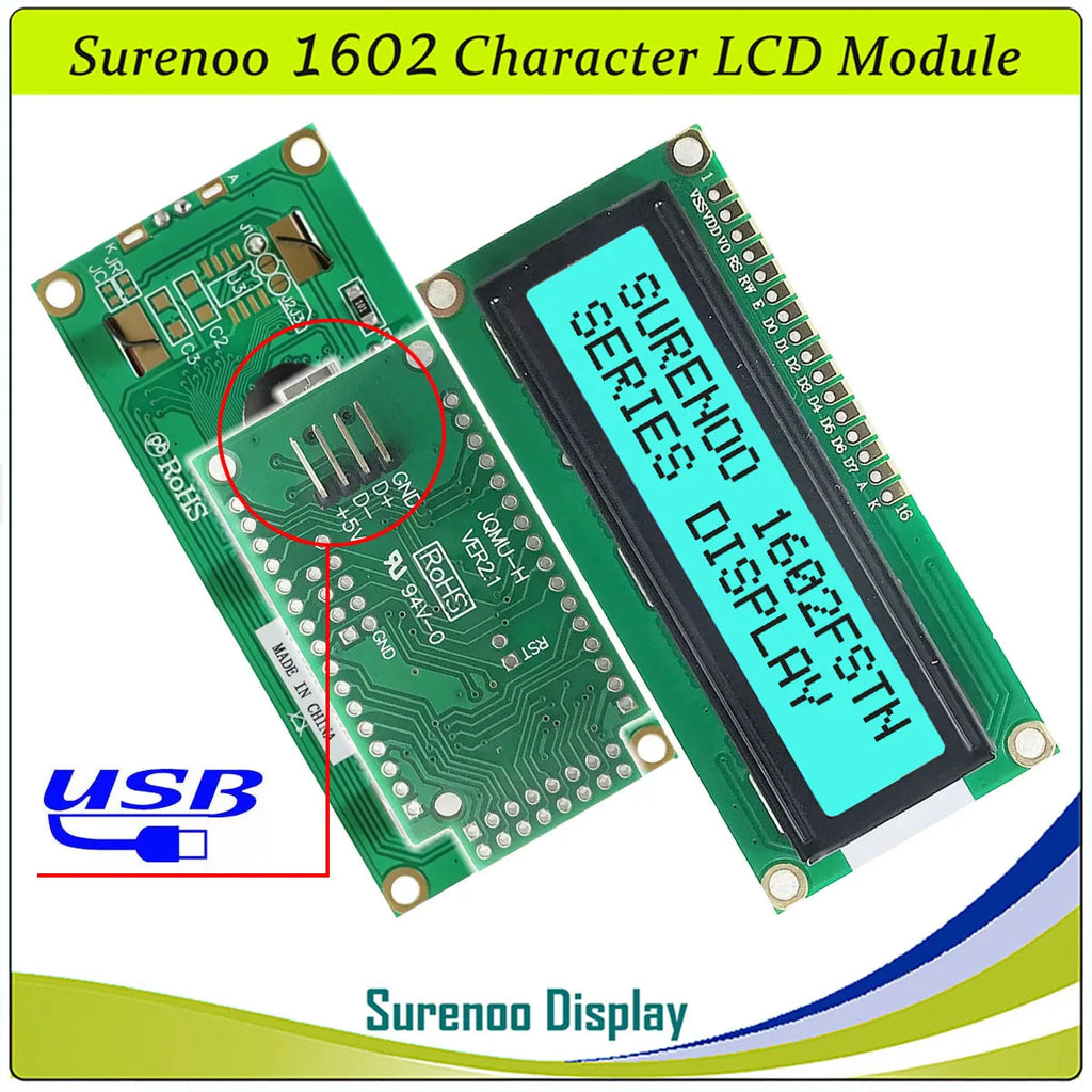 Surenoo LCD2USB USB 162 16X2 1602 Character LCD Module Display Screen Panel sutible LCD Smartie & AIDA64 for DIY PC