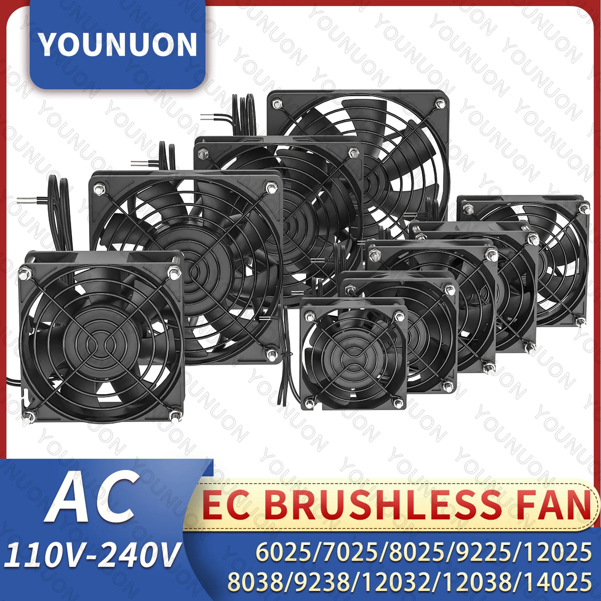 YOUNUON 60mm 80mm 90mm 120mm EC Brushless Fan AC 110V 115V 120V 220V 240V Axial Fan with Srews/Grill 6025 8025 9225 12025 12038