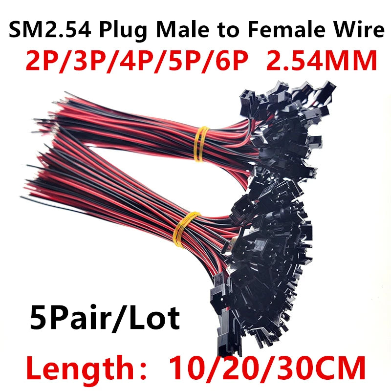 5Pairs Long JST SM 2P 3P 4P 5P 6P Plug Male to Female Wire Connector SM2P LED Connectors 2.54mm 10CM/20CM/30CM
