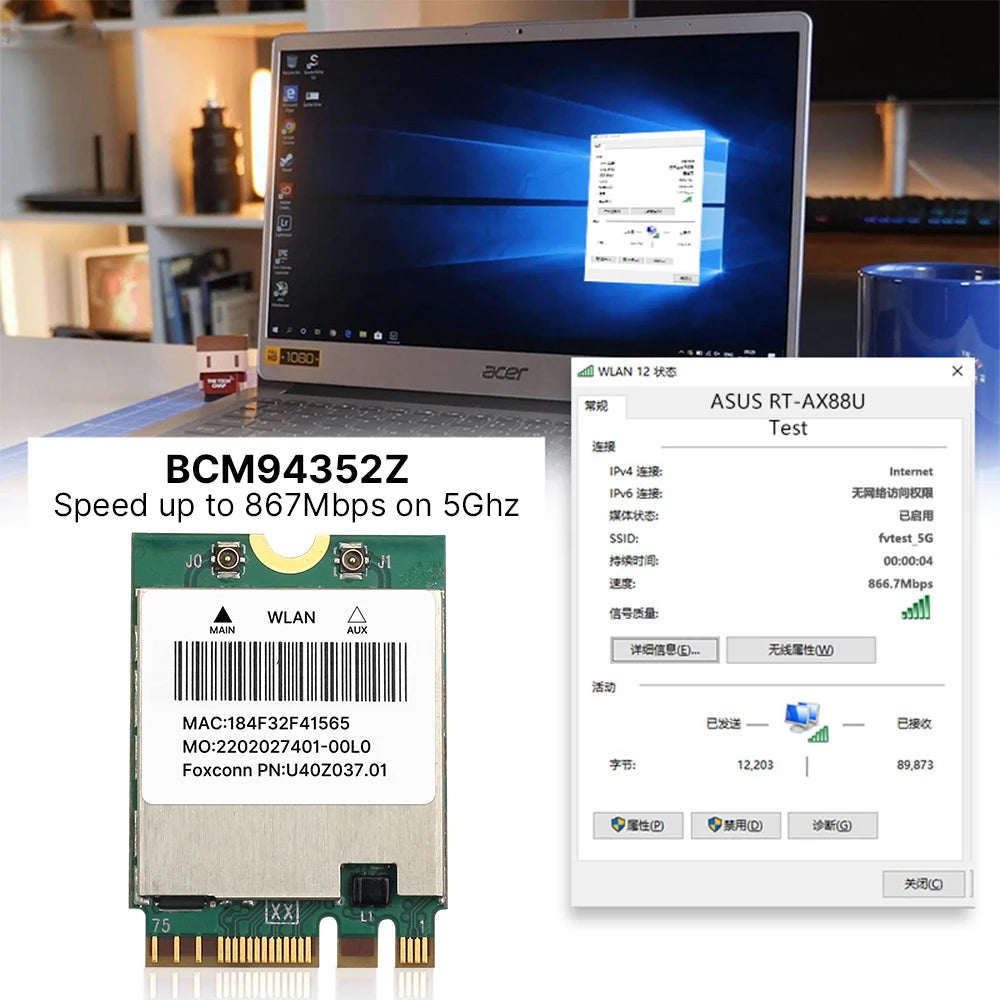 BCM94352Z 1200Mbps NGFF WiFi Card 802.11ac Dual Band 2.4G/5GHz Bluetooth 4.0 M.2 Network Wireless Adapter for Hackintosh Mac