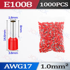 1000PCS Tubular Crimp Terminals Electrical Wire Cable Connectors E0508 E7508 E1008 E1508 E2508 E4009 E6012 Insulated Ferrules