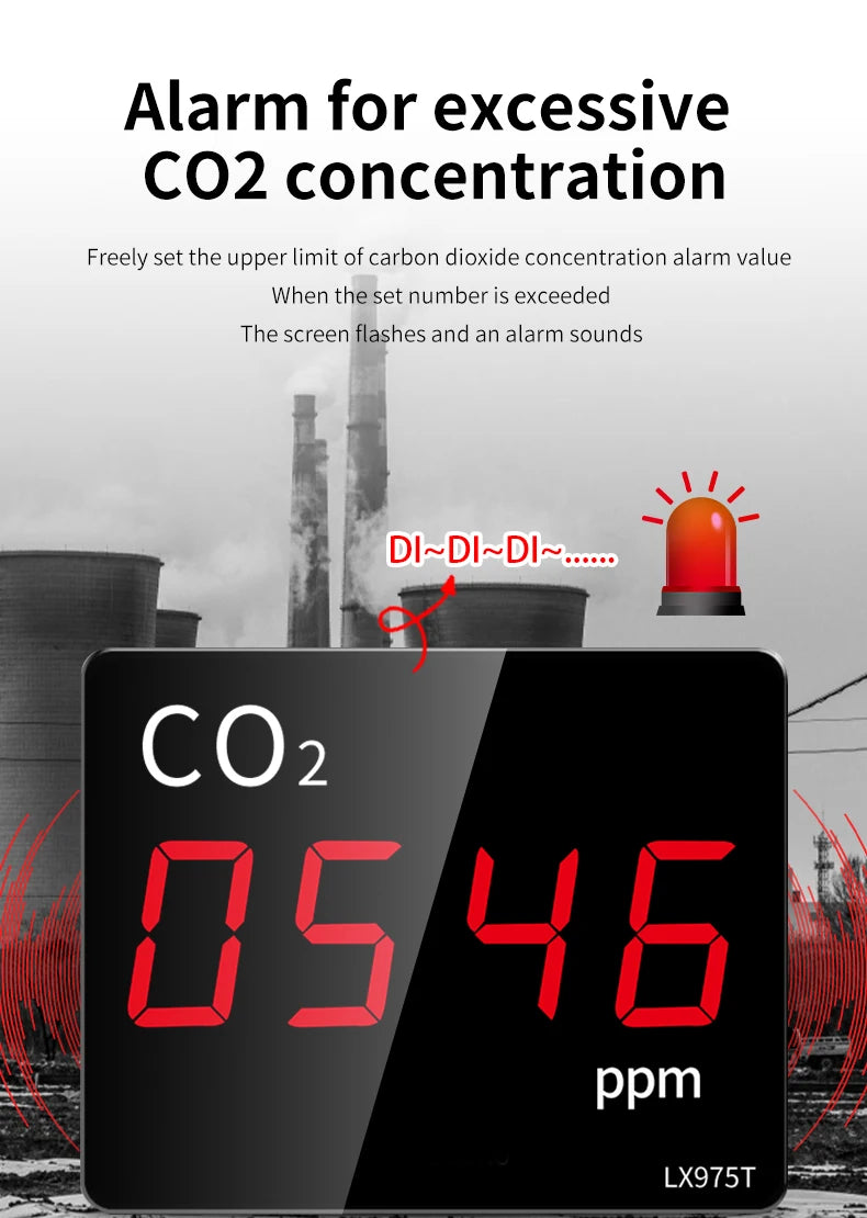 CO2 Carbon Dioxide Detector Sensor CO2 Monitor with Alarm NDIR Infrared Air Quality Meter Sensor Tester for Home Greenhouse
