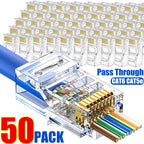 1-50Pcs RJ45 CAT6 CAT5e Pass Through Connector Shielded Crystal End Gold-Plated 8P8C Crimp UTP Ethernet Network Modular Plugs
