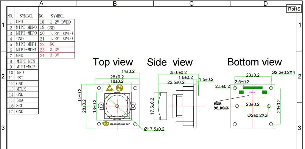 HD 1080P 1920*1080 MIPI Camera Module IMX307 1/2.8 Sensor Field of View 140° Wide Angle 60fps 24PIN Interface CSI