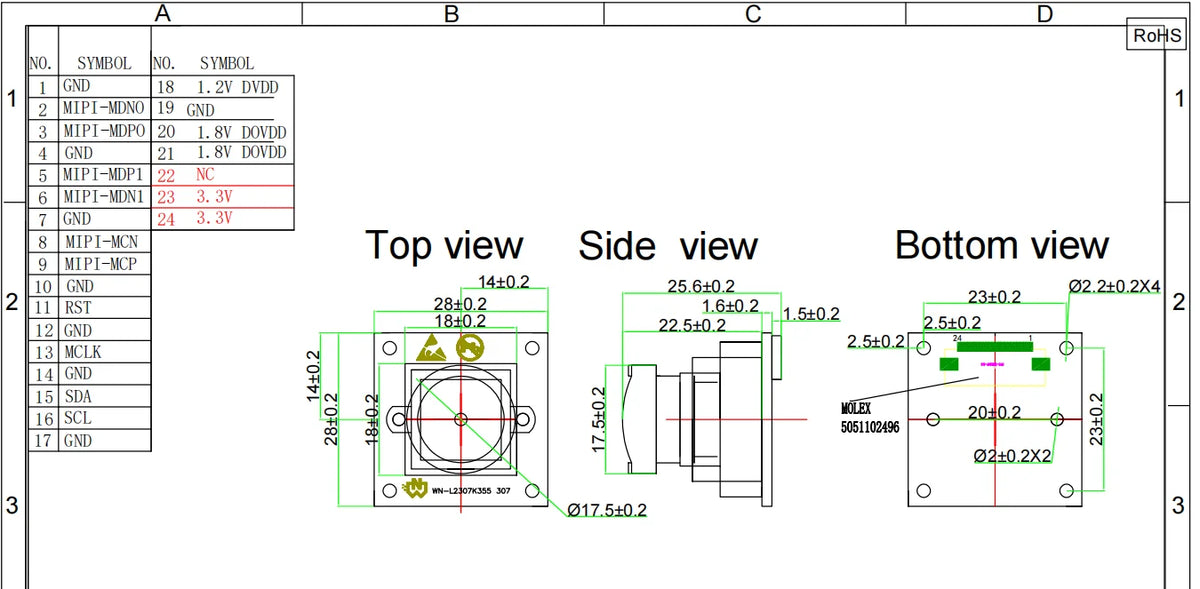 HD 1080P 1920*1080 MIPI Camera Module IMX307 1/2.8 Sensor Field of View 140° Wide Angle 60fps 24PIN Interface CSI