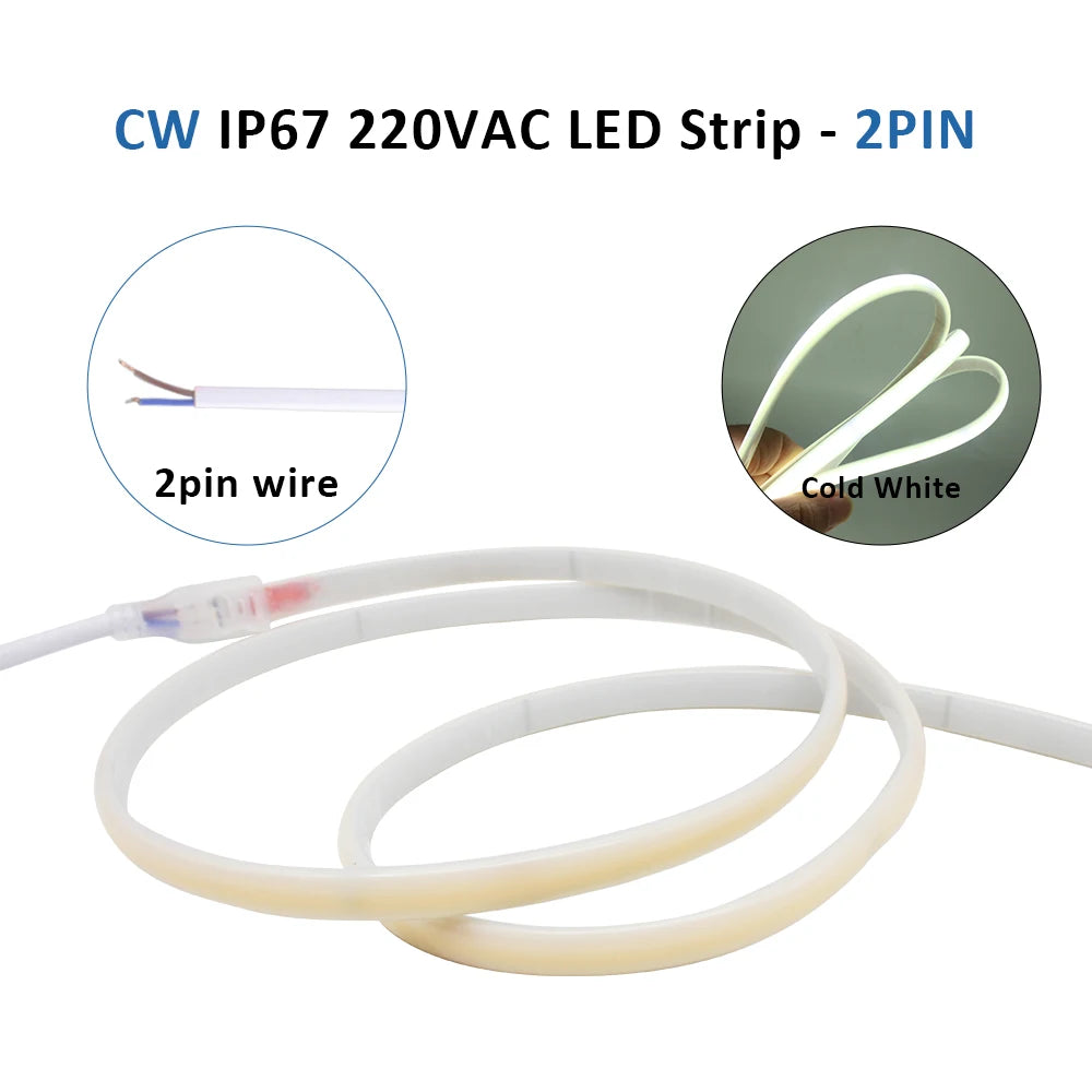 AC220V COB LED Strip Light IP67 Waterproof Flexible Ribbon 2Pin Wire/EU Plug Tape Lamp 3000K/4000K/6000K Outdoor Linear Lighting