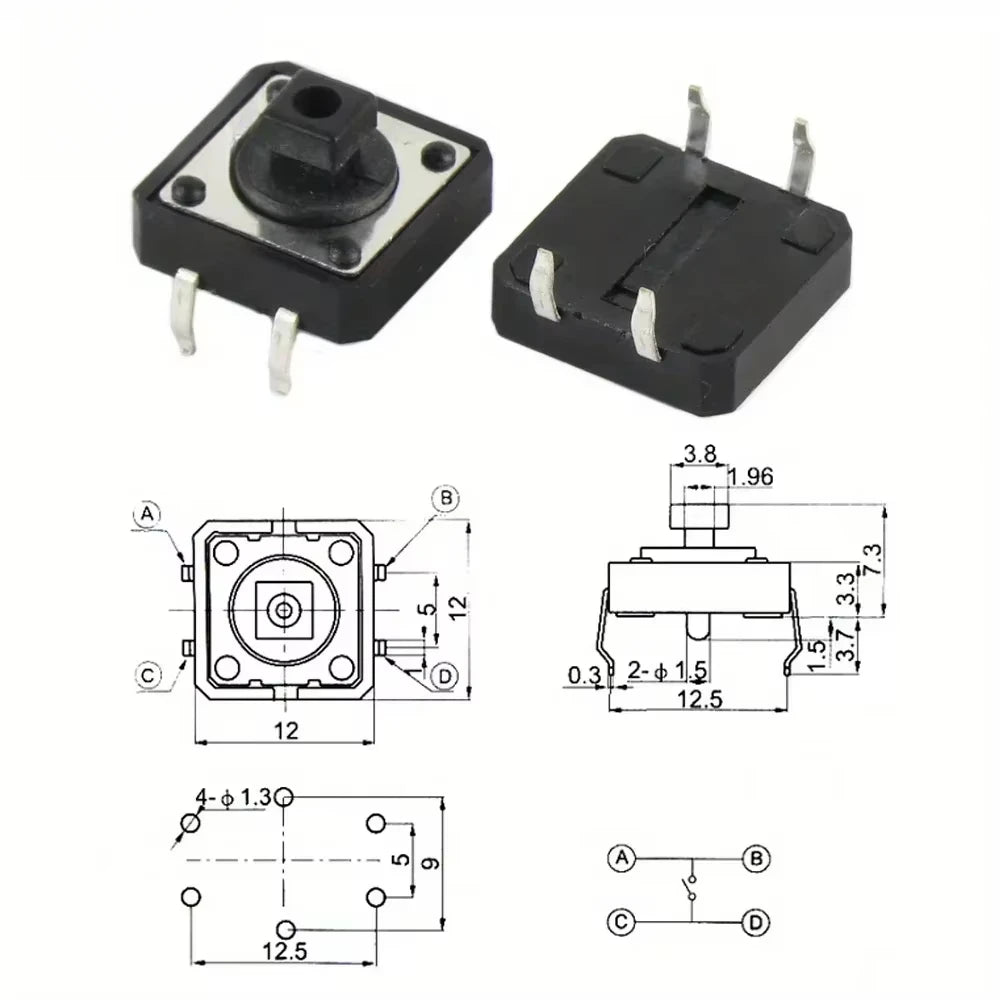 25Pcs 12*12*7.3MM Micro Switch Button Switch Momentary Tactile Push Button Switchs Circular 5 Colors Cap Kit DIY For Arduino