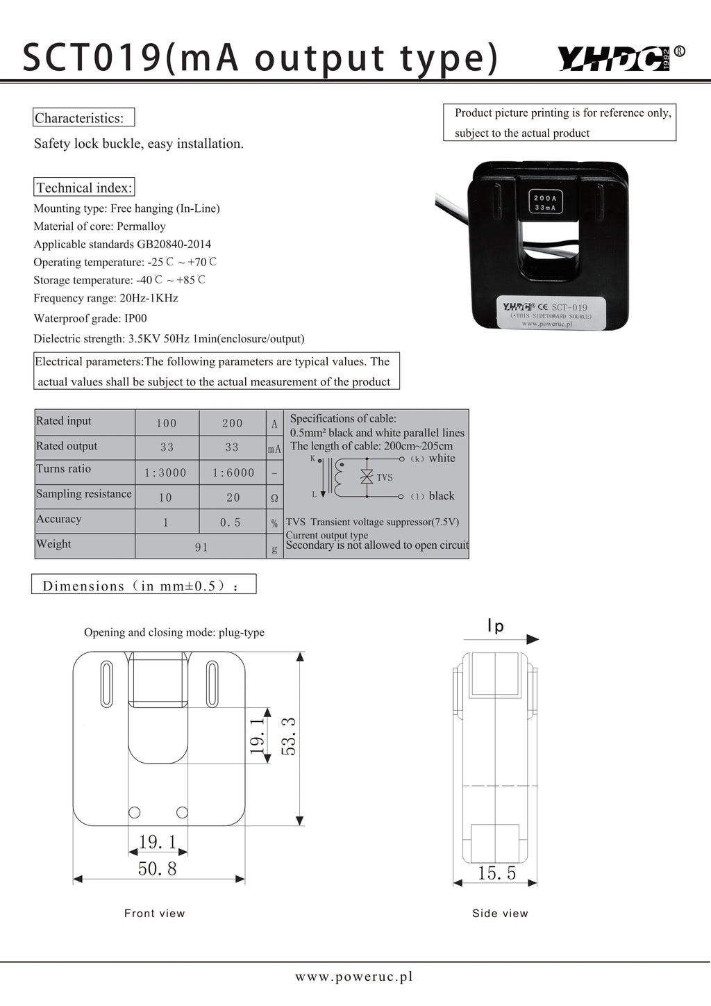 YHDC SCT019 Input 50A/100A/150A/200A Output 0.333V/33mA Accuracy 0.5%/1% Split Core Current Transformer AC Current Sensor