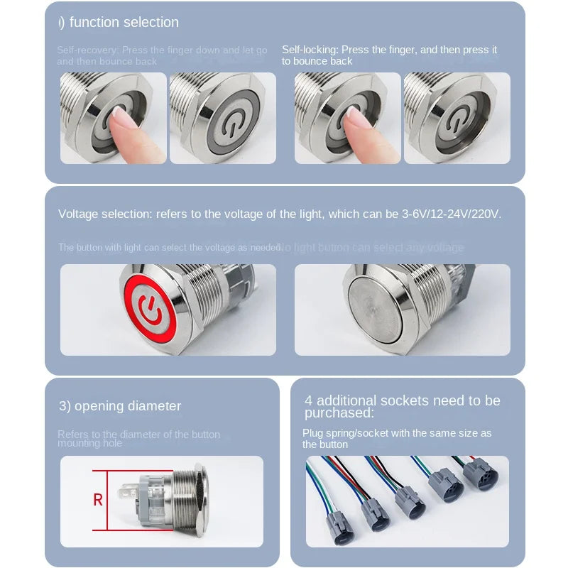High current metal button 16/22mm high-power waterproof self resetting self-locking steel switch 20A 15A 10A push button