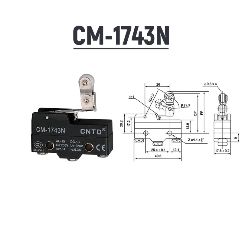 Micro Limit Switch CNTD CM‑1743 CM‑1743N Long Roller Lever 15A 250VAC 1NO1NC Plastic Housing Travel Switch for Industrial Machin