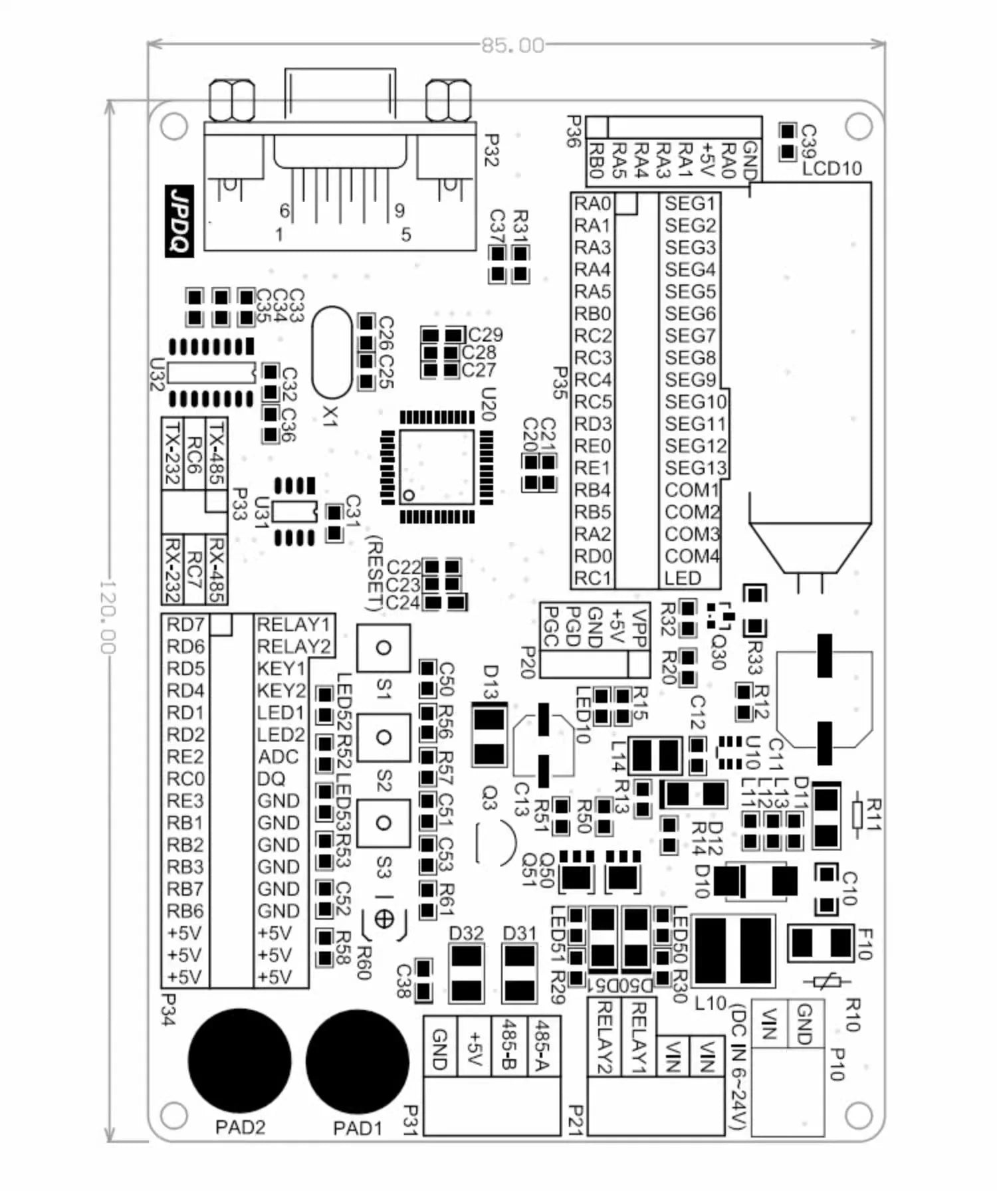 PIC microcontroller development board segment LCD segment code LCD development board PIC16F1937 RS232 485