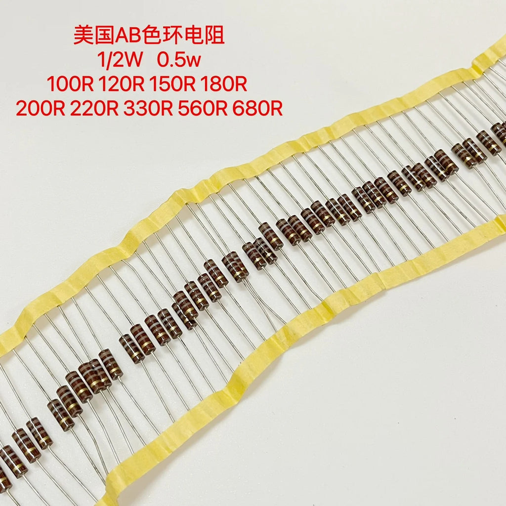 10-500PCS Brand new original American AB resistors 1/2W, 0.5W, 10R, 12R, 51R, 100R, 120, 150, 180, 200, 220, 330R, 560R, 680R