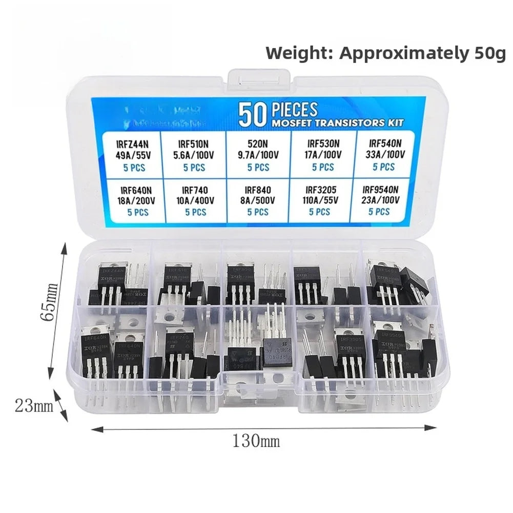 50PCS TO-220 MOSFET Transistor Kit IRFZ44N IRF510N IRF540N IRF3205 IRF9540N For Electronic Circuit Power Supply Control