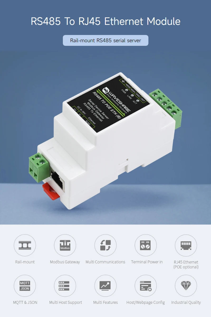 RS485 to RJ45 Ethernet Module Industrial Serial Server TCP/IP to Serial Support Rail-Mount Modbus Gateway Optional POE Function