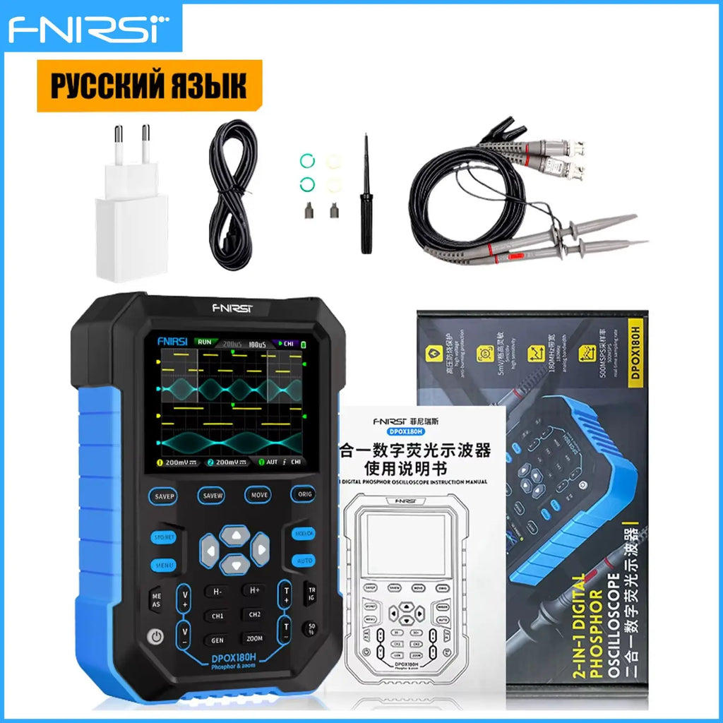 FNIRSI DPOX180H Handheld Dual Channel Digital Oscilloscope 180MHz-3DB 2 In 1 Function Signal Generator Fluorescence Display ZOOM