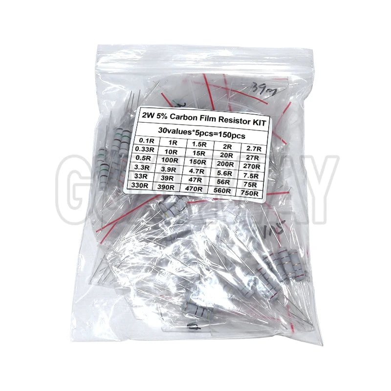 150PCS 300PCS Resistor Kit 1W 2W 3W 5W 5% 30Kinds X 10PCS Carbon Film Resistance 0.1-750 ohm Set 1k-820K 30Kinds X 5PCS