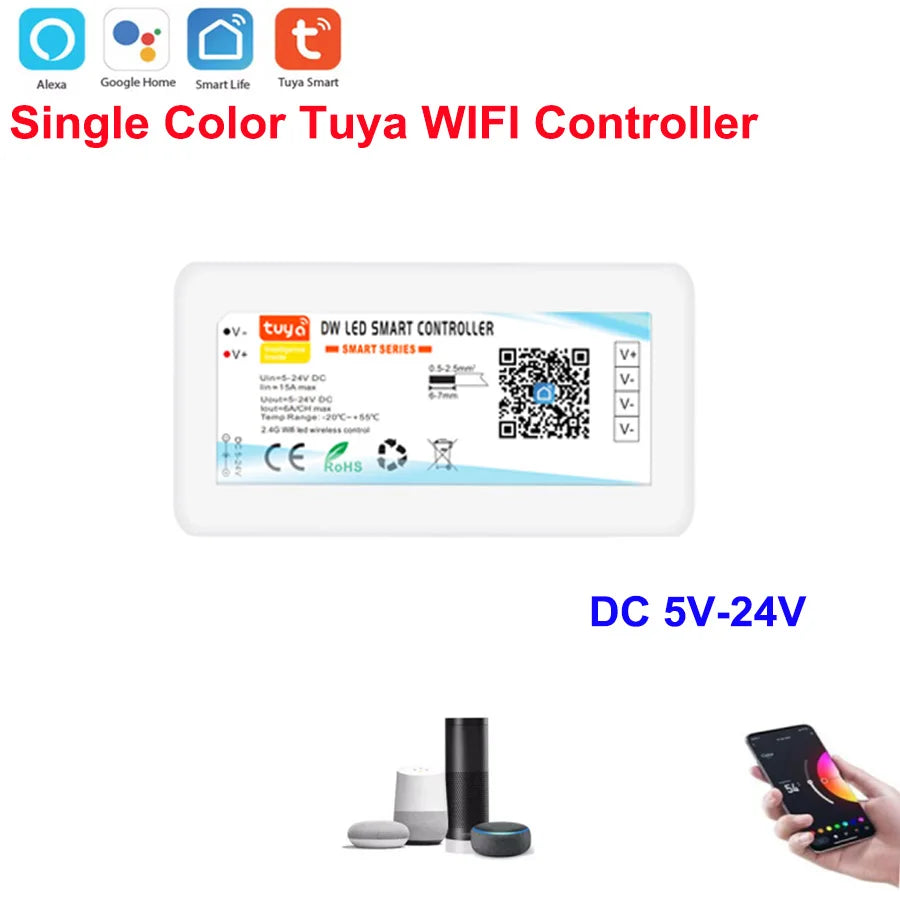 DC5-24V Tuya Wifi Wireless LED Controller Support iOs Android APP Alexa Google Voice Control for DIM CCT RGB RGBW RGBCCT Strip