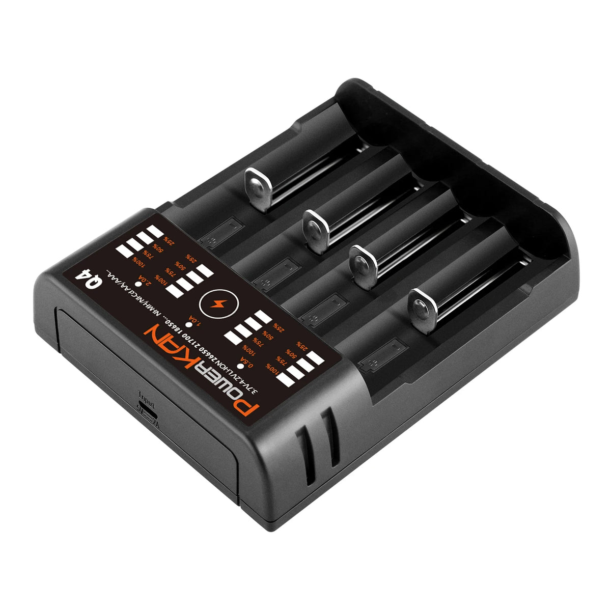POWERKAN Q4 4-Bay Charger for 1.2V Ni-MH AA AAA & 3.7V Li-ion 18650 26650 Batteries with USB Output