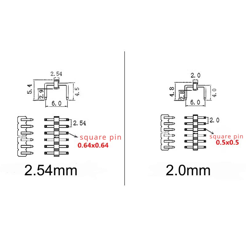 10pcs 2.54mm/2.0mm U Shape Single Row 1x40P Right Angle RA DIP Connector Button Entry Gold Breakable PCB Jumper Male Pin Header