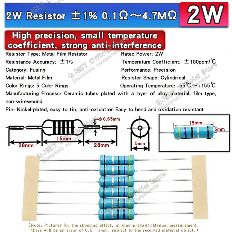 20pcs 1W Metal Film Resistors 1% 10 Ohm 47 100 200 220 470 510 Ohm 1K 4.7K 10K 22k 33k 47K 100k 200k 220k 510k 470k 910k 1M Ohms