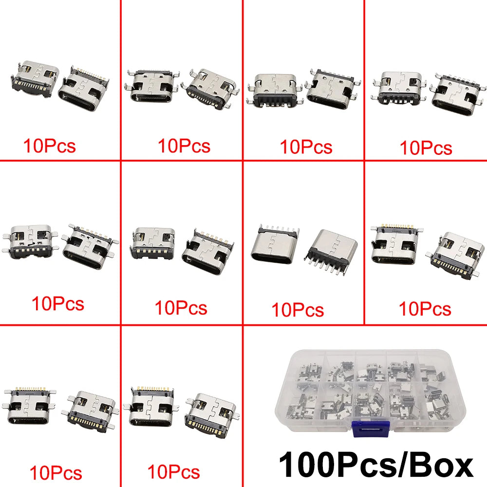 80/100Pcs Type C USB Charging Jack Welding Connectors 2Pin 6Pin 16Pin USB-C Socket For Mobile Phone PCB DIY Repair Kits