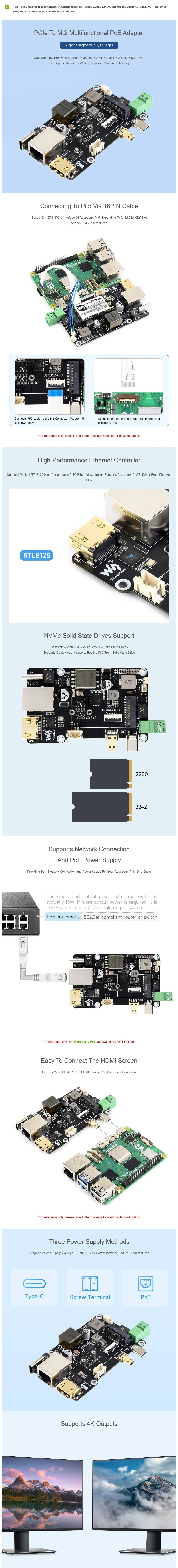 Raspberry Pi 5 PCIe To.2 NVME SSD Multi Function Adapter Board PoE Ethernet Power Over RJ45 Ethernet Driver-