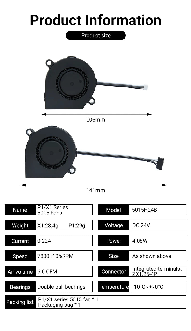 5015 Cooling Fan for Lab A1 A1mini Hotend Fan with Cable Rapid Cooler Fan 2510 Axial Fan Kit for X1 X1C P1P P1S 3D Printer Parts