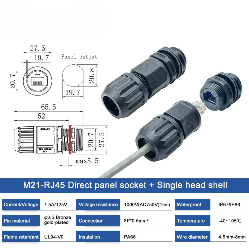 Waterproof RJ45 Ethernet Connector M21 RJ45 Communication Socket Through Wall Installation 8P8C Straight Through Network Plug