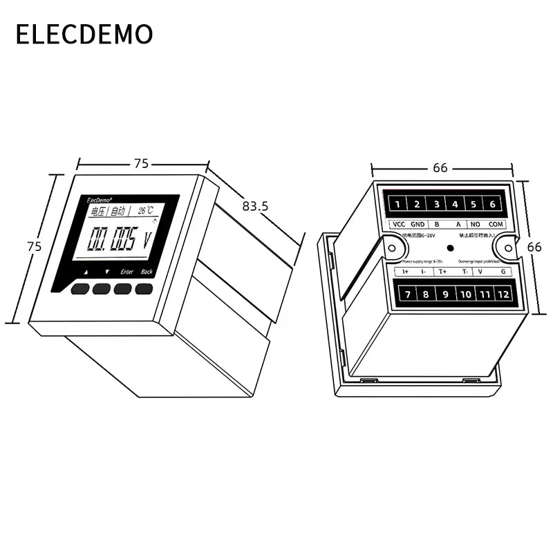 High Precision Isolated Dual Display DC Voltmeter Ammeter Panel Meter, uA Level Detection Threshold Alarm, RS485 Modbus RTU LED