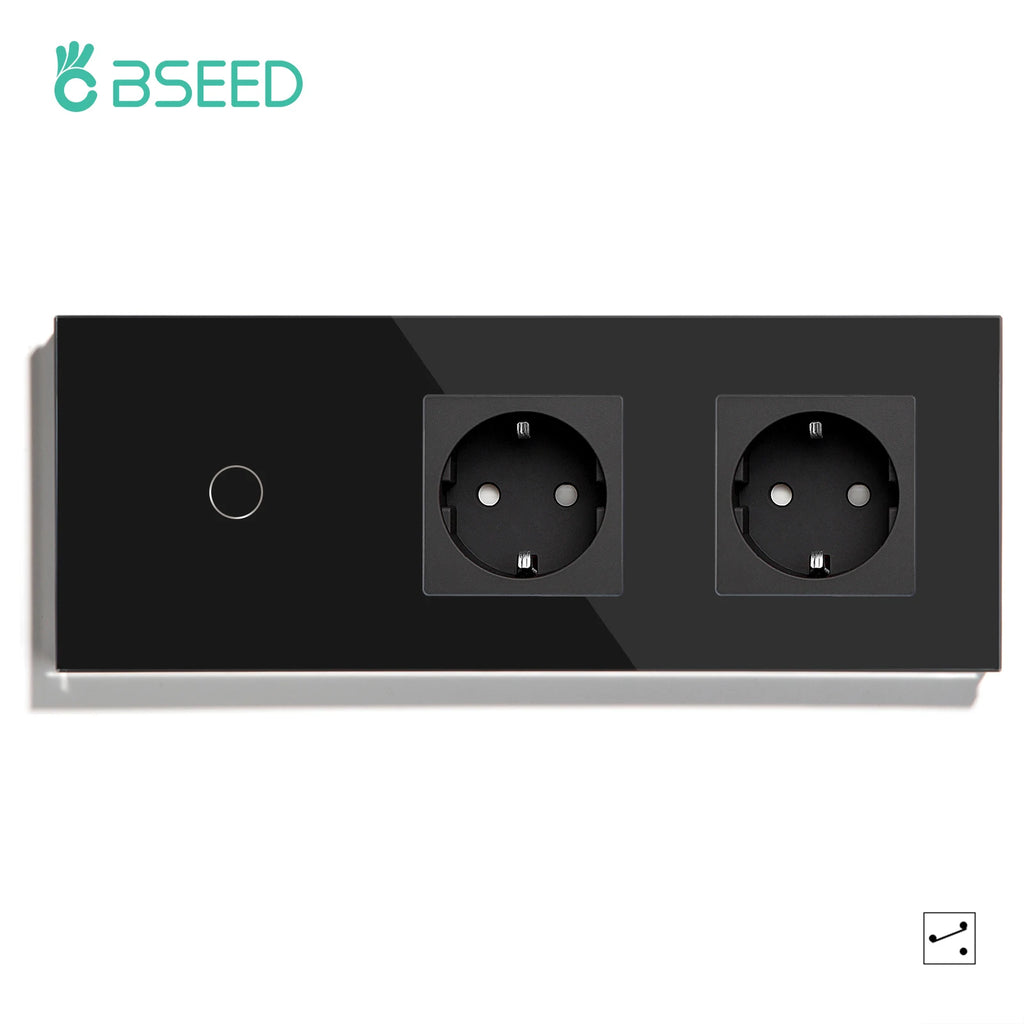 BSEED EU Standard 1/2/3Gang 2Way Wall Touch Switch Light Sensor Switches Wall Socket USB Type-C Crystal Glass Panel 240V Black