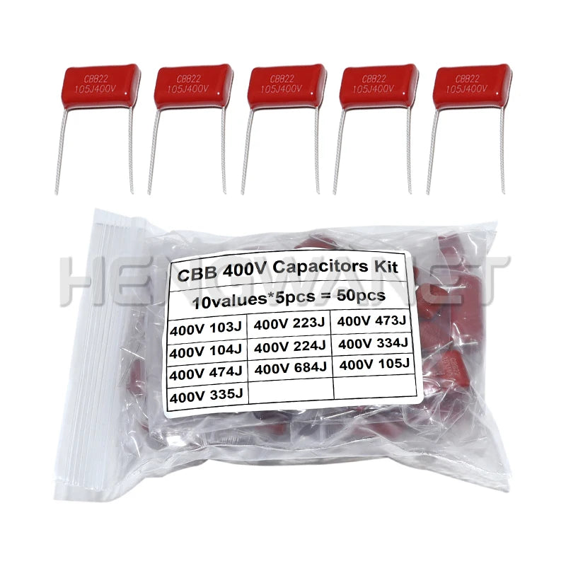 50PCS CBB 10values Metallized Polyester Film Capacitors KIT DIY CBB Capacitor Assortment Kit 400V 10NF-3.3UF