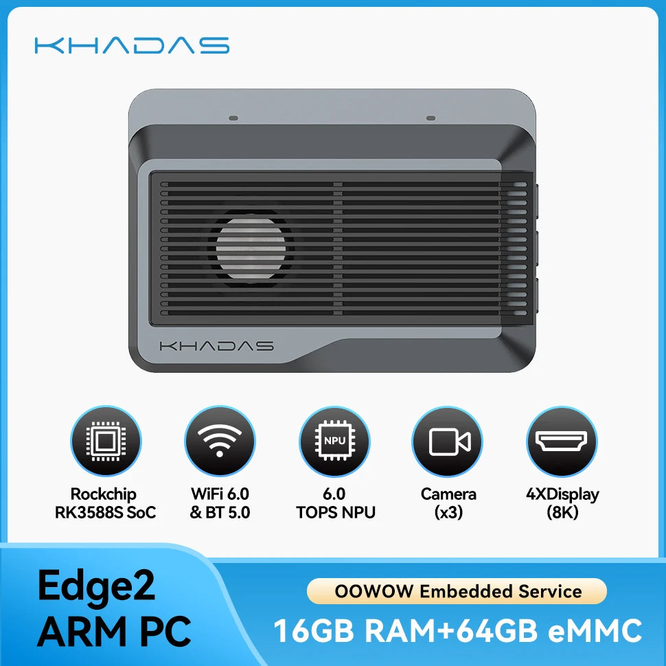 Khadas Edge2 ARM PC/Maker Kit RK3588S2 Single Board Computer with 8-core 64-bit CPU, ARM Mali-G610 MP4 GPU, 6 TOPS AI NPU Wi-Fi