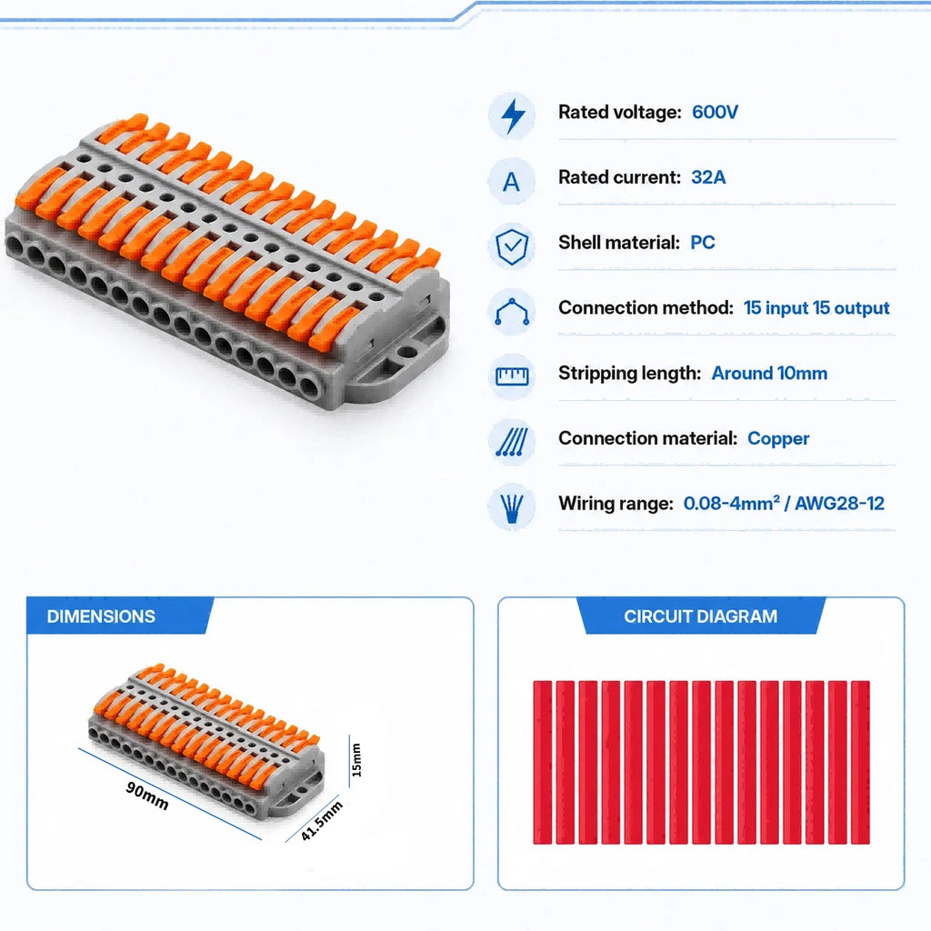 2P-30P Lever Electrical Wire Connector Terminal Block Electrical Cable Connectors Wire Terminals 1 In 1 Out Screw Mount 600V 32A