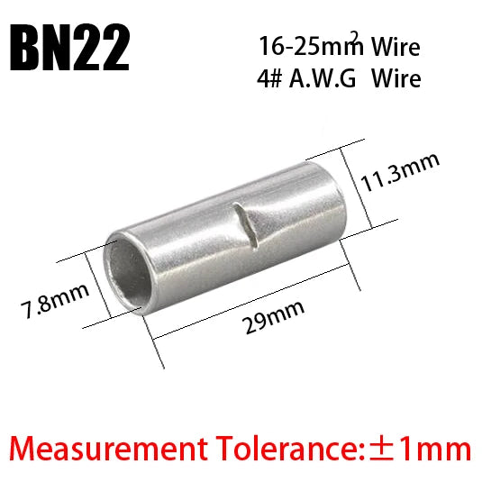 BN Copper Electrical Wire Cable Connection Crimp Sleeve Tubular Ferrule Lug Connector Non-Insulated Tube Butt Splices Terminal