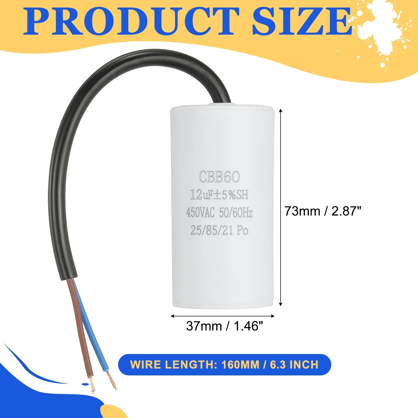 1Pcs CBB60 Run Capacitor 3uf-100uf 450V AC 2 Wires 50/60Hz Cylinder White for Air Compressor Water Pump Motor