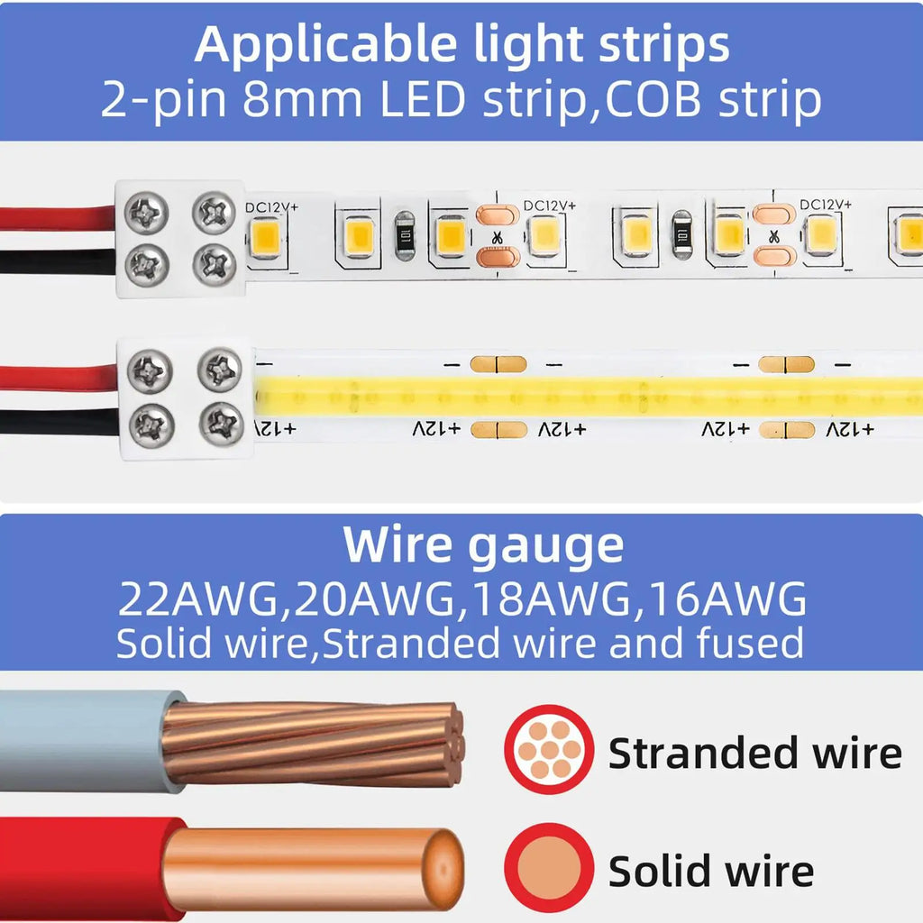 LED Strip Connectors 2Pin 8mm 5V/12V/24V Versatile LED Light Solderless Connector Adapter for 22AWG/20AWG/18AWG/16AWG Solid Wire