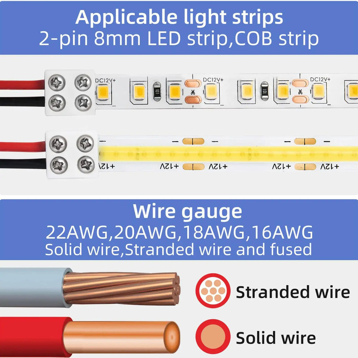 LED Strip Connectors 2Pin 8mm 5V/12V/24V Versatile LED Light Solderless Connector Adapter for 22AWG/20AWG/18AWG/16AWG Solid Wire