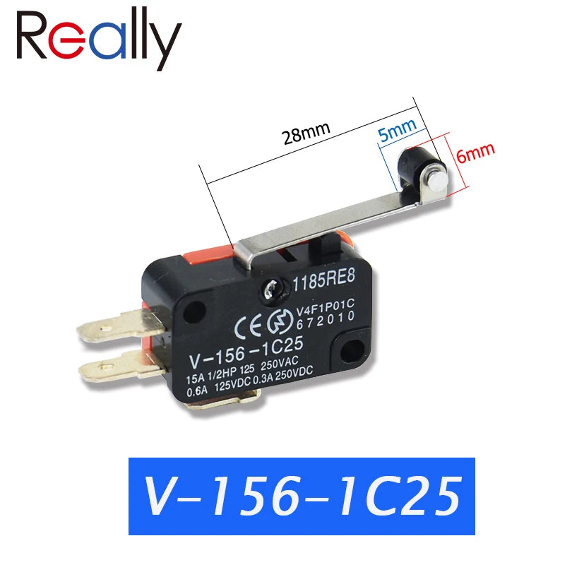 5PCS V-1C25 Series Stroke Limit Microwave Oven Door Micro Switch Hinge Roller Hinge Lever Momentary Snap Action 15A  250VAC