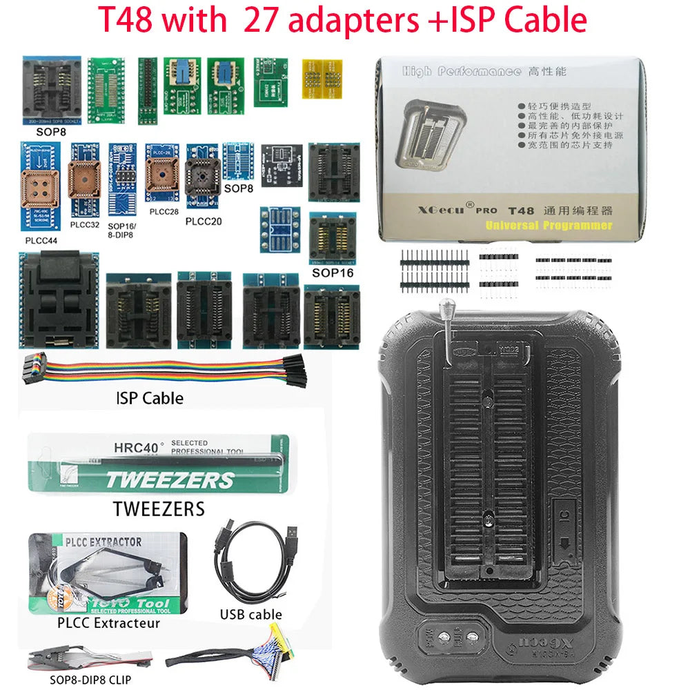 XGecu T48 (TL866-3G) Programmer + 27 Adapters + ISP Cable Support 34000+ ICs for SPI/Nor/NAND Flash/EMMC BGA/TSOP/SOP/PLCC