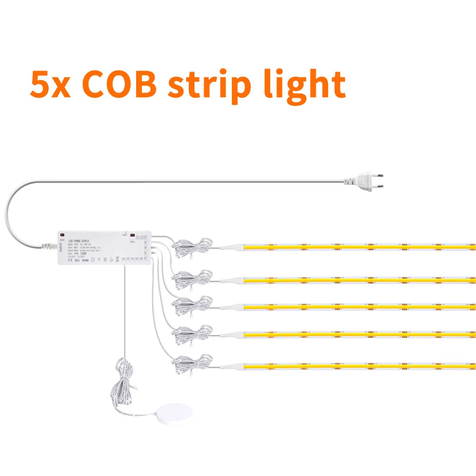 24V COB LED Strip with EU/US/AU/UK Plug Touch Dimmer Switch Adhesive Backing for Cabinets Shelf Closet Kitchen Lighting 1-6pcs