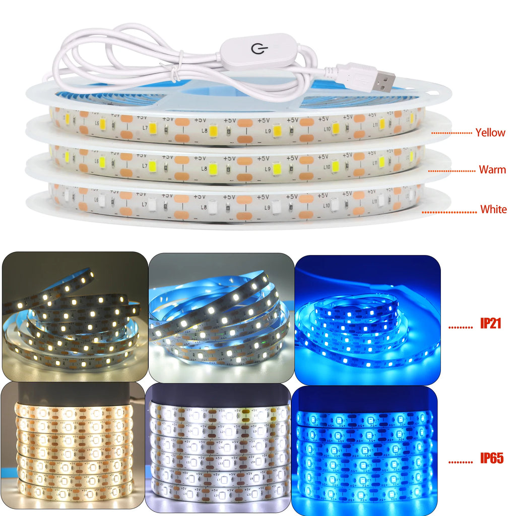 5V LED Strip Light USB Dimmer/Switch White Warm Blue Waterproof Adhesive Tape 2835 60LEDs Cabinet Room Night Lighting 1M 3M 5M