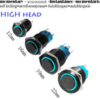 High Head 12/16/19/22mm Black Shell Car Dashboard Waterproof Metal Button Switch LED 12V/24V/220V Self-locking Fixed Momentary