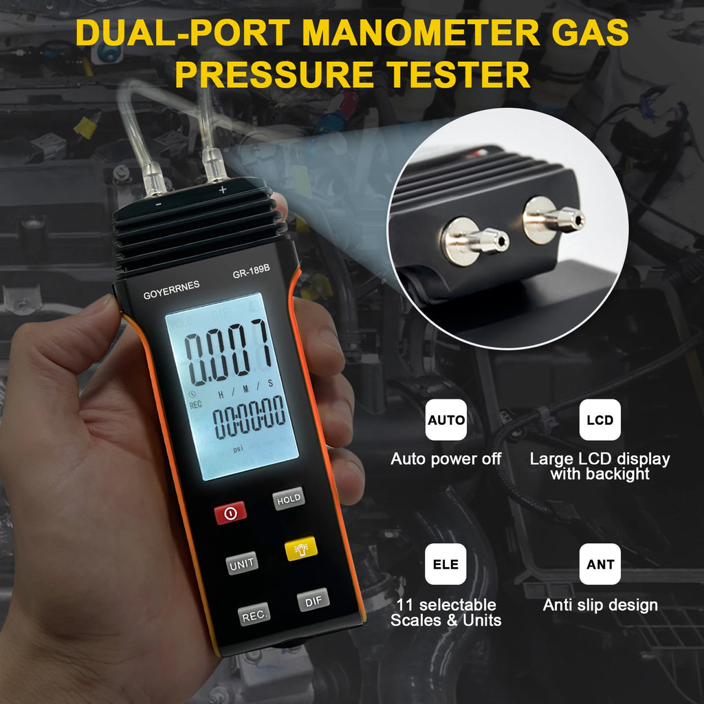 HoldPeak 189B Digital Manometer 11 Units Differential Pressure Gauge MAX/MIN/AVG Backlight for HVAC System